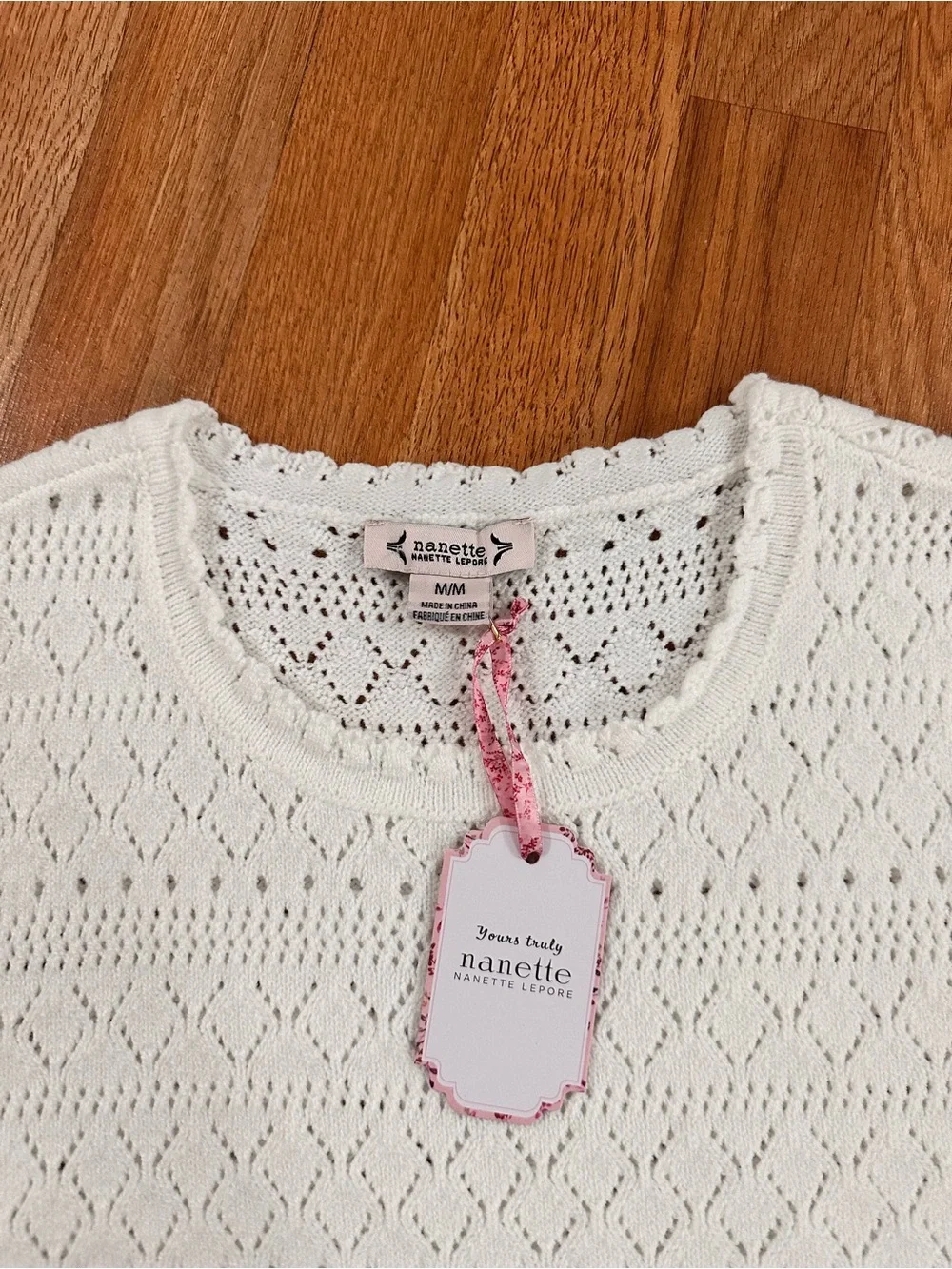 Nanette Lepore White Crochet Knit Tank with Eyelet Ruffle Hem